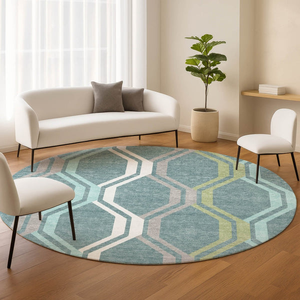 HomeRoots 8' Teal Blue Gray Ivory Round Geometric Area Rug - Stylish, Washable, Indoor/Outdoor Durable Design 659488