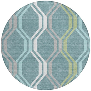 HomeRoots 8' Teal Blue Gray Ivory Round Geometric Area Rug - Stylish, Washable, Indoor/Outdoor Durable Design 659488