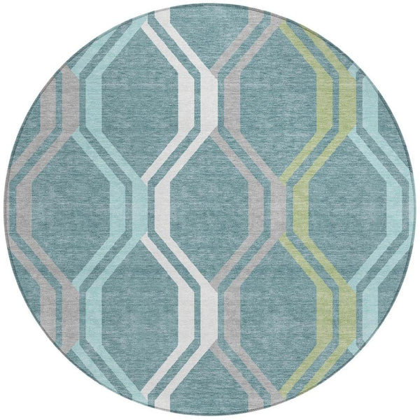 HomeRoots 8' Teal Blue Gray Ivory Round Geometric Area Rug - Stylish, Washable, Indoor/Outdoor Durable Design 659488