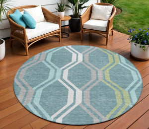 HomeRoots 8' Teal Blue Gray Ivory Round Geometric Area Rug - Stylish, Washable, Indoor/Outdoor Durable Design 659488