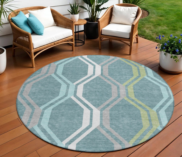 HomeRoots 8' Teal Blue Gray Ivory Round Geometric Area Rug - Stylish, Washable, Indoor/Outdoor Durable Design 659488