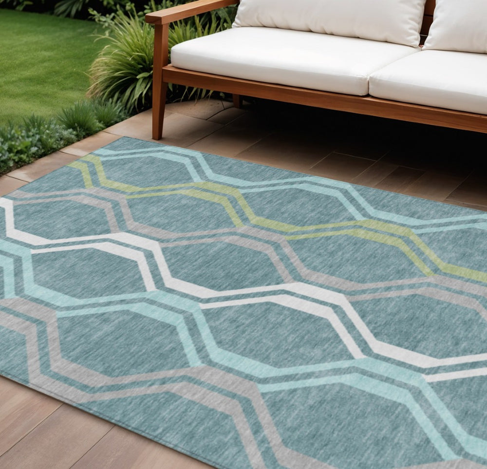 HomeRoots 9' X 12' Teal Blue Gray Ivory Geometric Rug - Stylish, Washable, Durable for Indoor & Outdoor Spaces 659490