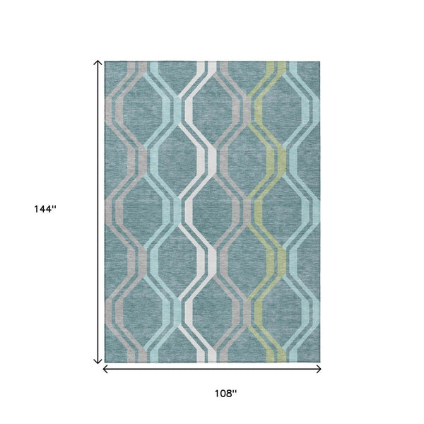 HomeRoots 9' X 12' Teal Blue Gray Ivory Geometric Rug - Stylish, Washable, Durable for Indoor & Outdoor Spaces 659490