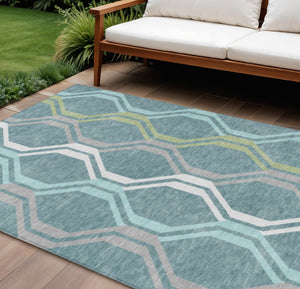 HomeRoots 10' Contemporary Teal Blue Gray Geometric Washable Indoor Outdoor Area Rug for High-Traffic Spaces 659491