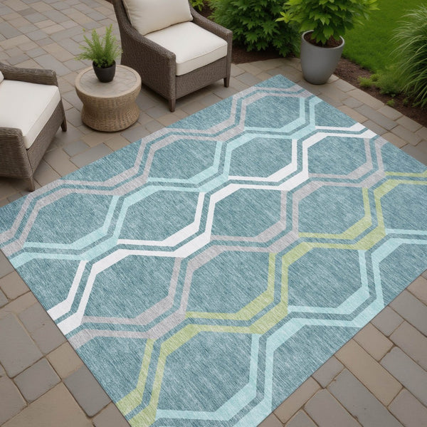 HomeRoots 10' Contemporary Teal Blue Gray Geometric Washable Indoor Outdoor Area Rug for High-Traffic Spaces 659491