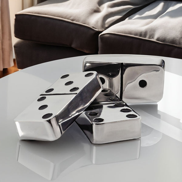 HomeRoots Set of Three Handcrafted Silver and Black Decorative Dominoes for Stylish Home Accents 659498