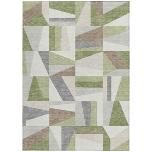 HomeRoots 5' Geometric Artichoke Green, Ivory & Taupe Washable Area Rug – Durable Indoor/Outdoor Style & Easy Care 659503