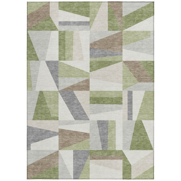 HomeRoots 5' Geometric Artichoke Green, Ivory & Taupe Washable Area Rug – Durable Indoor/Outdoor Style & Easy Care 659503