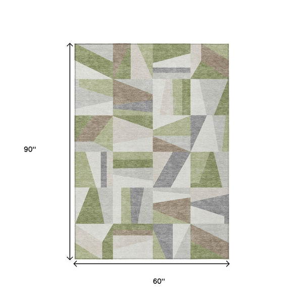 HomeRoots 5' Geometric Artichoke Green, Ivory & Taupe Washable Area Rug – Durable Indoor/Outdoor Style & Easy Care 659503