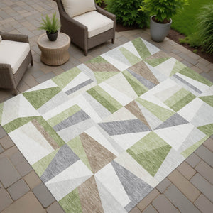 HomeRoots 5' Geometric Artichoke Green, Ivory & Taupe Washable Area Rug – Durable Indoor/Outdoor Style & Easy Care 659503