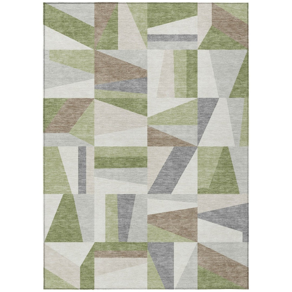 HomeRoots 5' Geometric Artichoke Green, Ivory & Taupe Washable Area Rug – Durable Indoor/Outdoor Style & Easy Care 659503