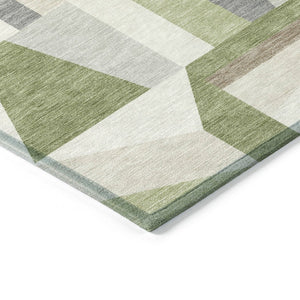 HomeRoots 5' Geometric Artichoke Green, Ivory & Taupe Washable Area Rug – Durable Indoor/Outdoor Style & Easy Care 659503