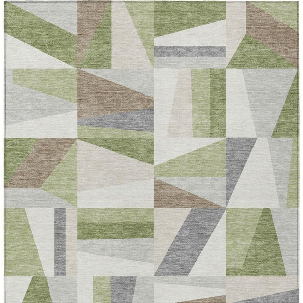 HomeRoots 5' Geometric Artichoke Green, Ivory & Taupe Washable Area Rug – Durable Indoor/Outdoor Style & Easy Care 659503