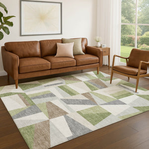 HomeRoots 5' Geometric Artichoke Green, Ivory & Taupe Washable Area Rug – Durable Indoor/Outdoor Style & Easy Care 659503