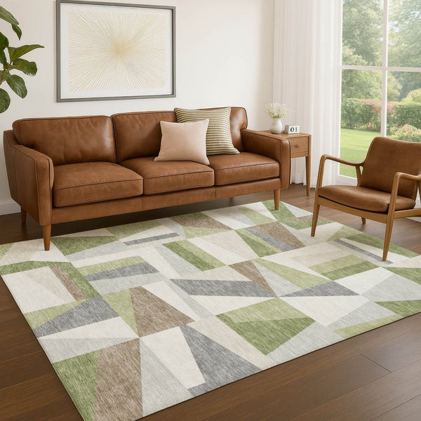 HomeRoots 5' Geometric Artichoke Green, Ivory & Taupe Washable Area Rug – Durable Indoor/Outdoor Style & Easy Care 659503