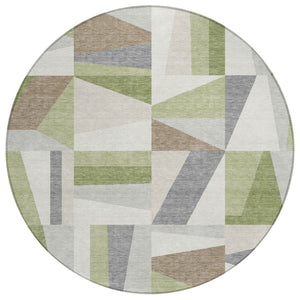 HomeRoots 8' Artichoke Green Round Geometric Area Rug - Stylish, Washable, Indoor/Outdoor, Durable & Modern Design 659504