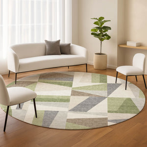 HomeRoots 8' Artichoke Green Round Geometric Area Rug - Stylish, Washable, Indoor/Outdoor, Durable & Modern Design 659504