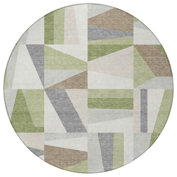 HomeRoots 8' Artichoke Green Round Geometric Area Rug - Stylish, Washable, Indoor/Outdoor, Durable & Modern Design 659504