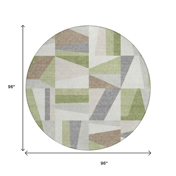 HomeRoots 8' Artichoke Green Round Geometric Area Rug - Stylish, Washable, Indoor/Outdoor, Durable & Modern Design 659504