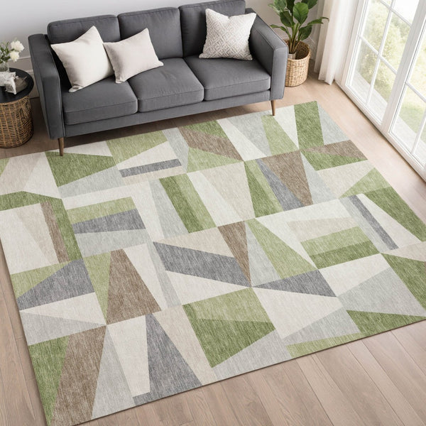HomeRoots 8' X 10' Versatile Artichoke Green Geometric Area Rug – Washable for Indoor & Outdoor Use, Durable! 659505