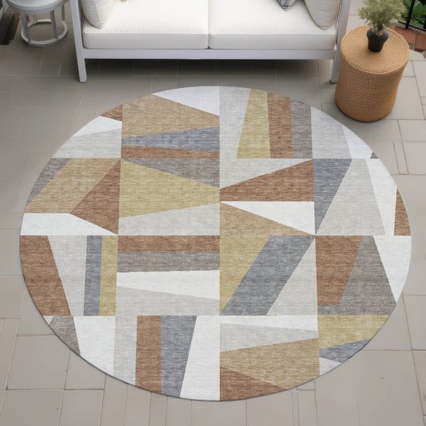 HomeRoots 8' Stylish Beige, Rust & Taupe Round Geometric Washable Rug for Indoor & Outdoor Spaces, Durable Design 659510