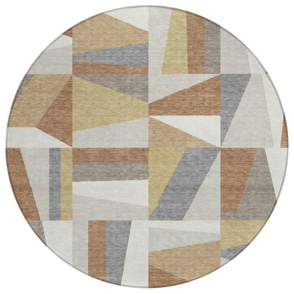 HomeRoots 8' Stylish Beige, Rust & Taupe Round Geometric Washable Rug for Indoor & Outdoor Spaces, Durable Design 659510