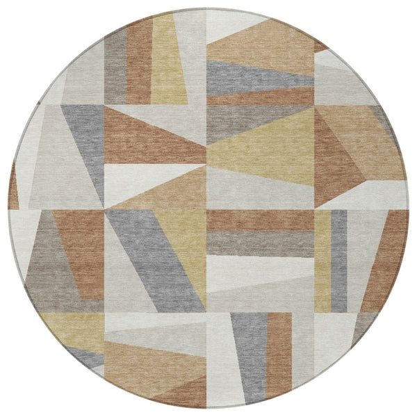 HomeRoots 8' Stylish Beige, Rust & Taupe Round Geometric Washable Rug for Indoor & Outdoor Spaces, Durable Design 659510