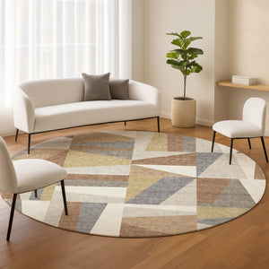 HomeRoots 8' Stylish Beige, Rust & Taupe Round Geometric Washable Rug for Indoor & Outdoor Spaces, Durable Design 659510