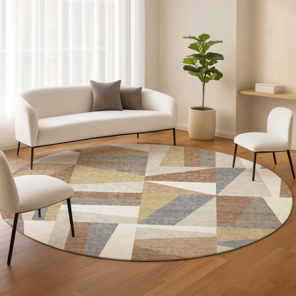HomeRoots 8' Stylish Beige, Rust & Taupe Round Geometric Washable Rug for Indoor & Outdoor Spaces, Durable Design 659510