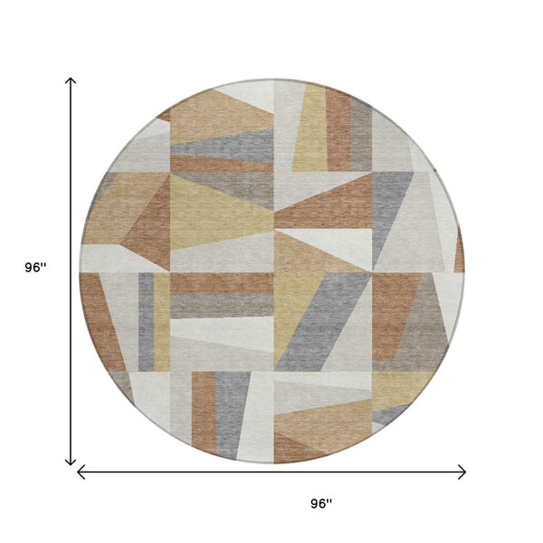HomeRoots 8' Stylish Beige, Rust & Taupe Round Geometric Washable Rug for Indoor & Outdoor Spaces, Durable Design 659510