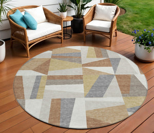 HomeRoots 8' Stylish Beige, Rust & Taupe Round Geometric Washable Rug for Indoor & Outdoor Spaces, Durable Design 659510