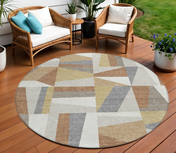HomeRoots 8' Stylish Beige, Rust & Taupe Round Geometric Washable Rug for Indoor & Outdoor Spaces, Durable Design 659510