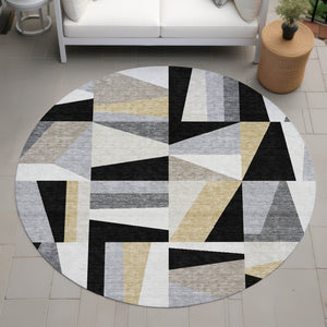 HomeRoots 8' Round Geometric Washable Area Rug in Black, Wheat, and Ivory - Durable Indoor/Outdoor Style! 659516