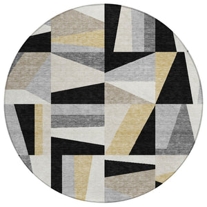 HomeRoots 8' Round Geometric Washable Area Rug in Black, Wheat, and Ivory - Durable Indoor/Outdoor Style! 659516