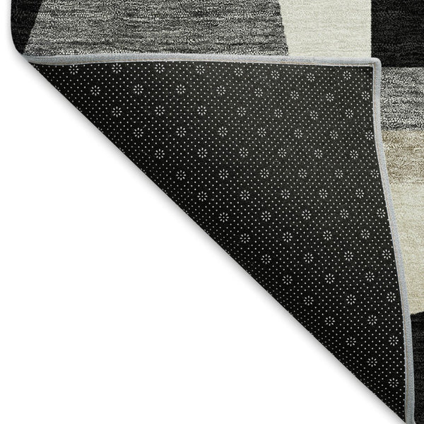 HomeRoots 8' Round Geometric Washable Area Rug in Black, Wheat, and Ivory - Durable Indoor/Outdoor Style! 659516