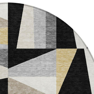 HomeRoots 8' Round Geometric Washable Area Rug in Black, Wheat, and Ivory - Durable Indoor/Outdoor Style! 659516