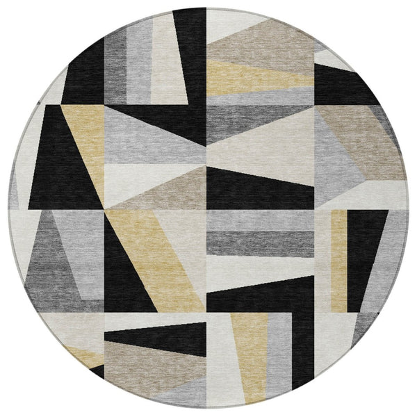 HomeRoots 8' Round Geometric Washable Area Rug in Black, Wheat, and Ivory - Durable Indoor/Outdoor Style! 659516