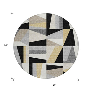 HomeRoots 8' Round Geometric Washable Area Rug in Black, Wheat, and Ivory - Durable Indoor/Outdoor Style! 659516