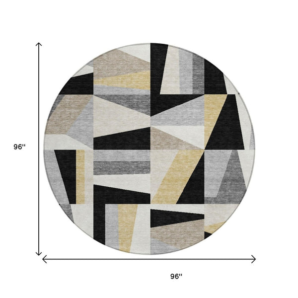 HomeRoots 8' Round Geometric Washable Area Rug in Black, Wheat, and Ivory - Durable Indoor/Outdoor Style! 659516