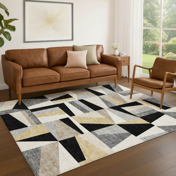 HomeRoots 8' X 10' Stylish Black, Wheat & Ivory Geometric Area Rug - Washable, Durable for Indoor & Outdoor Use! 659517