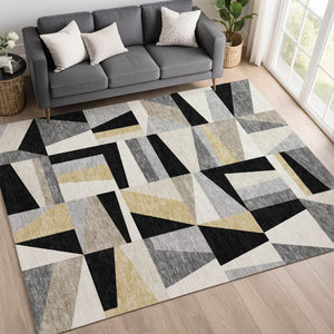 HomeRoots 8' X 10' Stylish Black, Wheat & Ivory Geometric Area Rug - Washable, Durable for Indoor & Outdoor Use! 659517