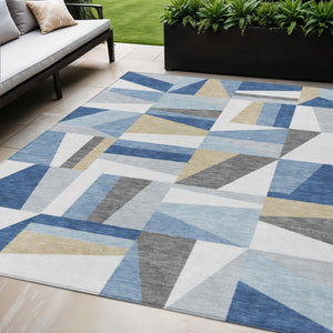 HomeRoots 5' X 8' Geometric Blue Wheat Ivory Washable Rug - Durable Indoor/Outdoor Design, Easy Care & Style! 659521