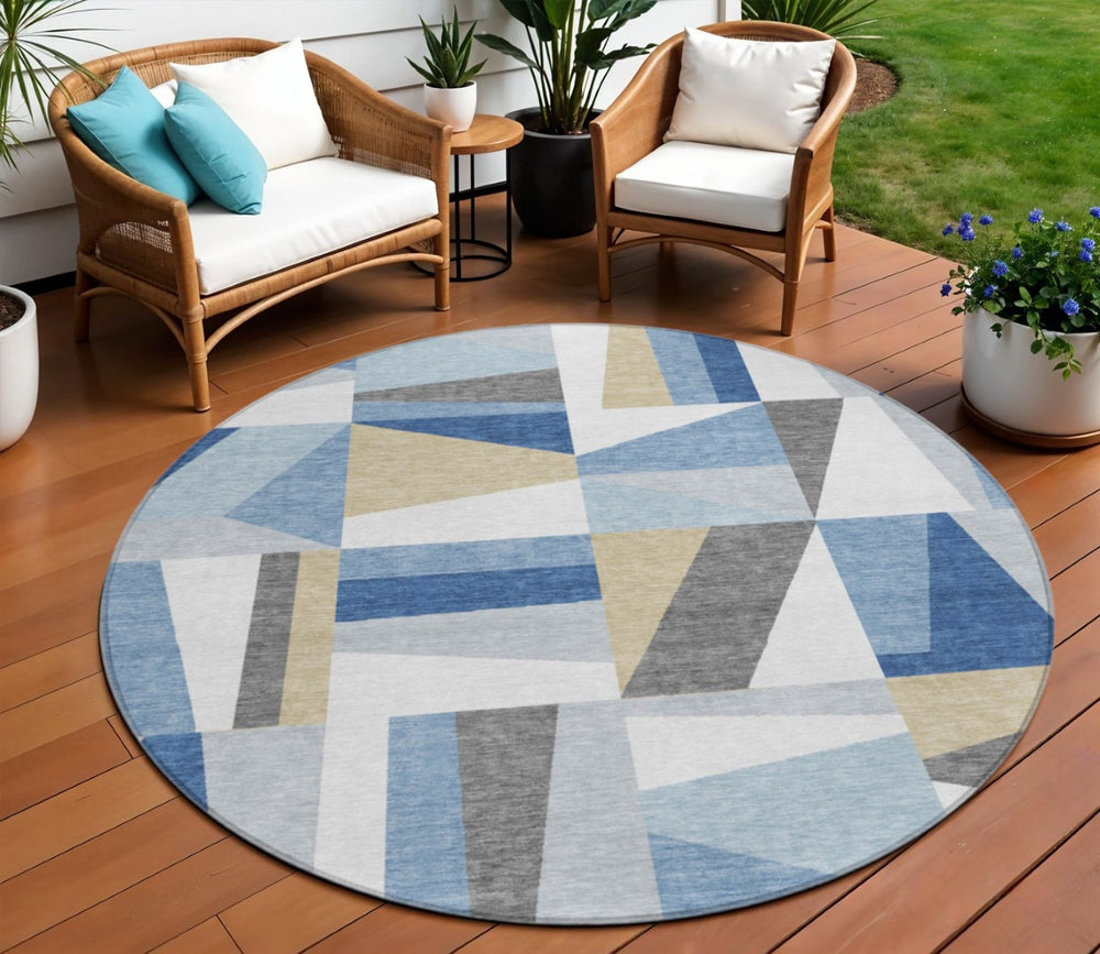 HomeRoots 8' Blue Geometric Round Area Rug – Washable, Stain-Resistant, Indoor/Outdoor, Modern Design, Durable 659522