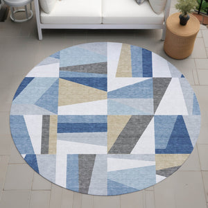 HomeRoots 8' Blue Geometric Round Area Rug – Washable, Stain-Resistant, Indoor/Outdoor, Modern Design, Durable 659522
