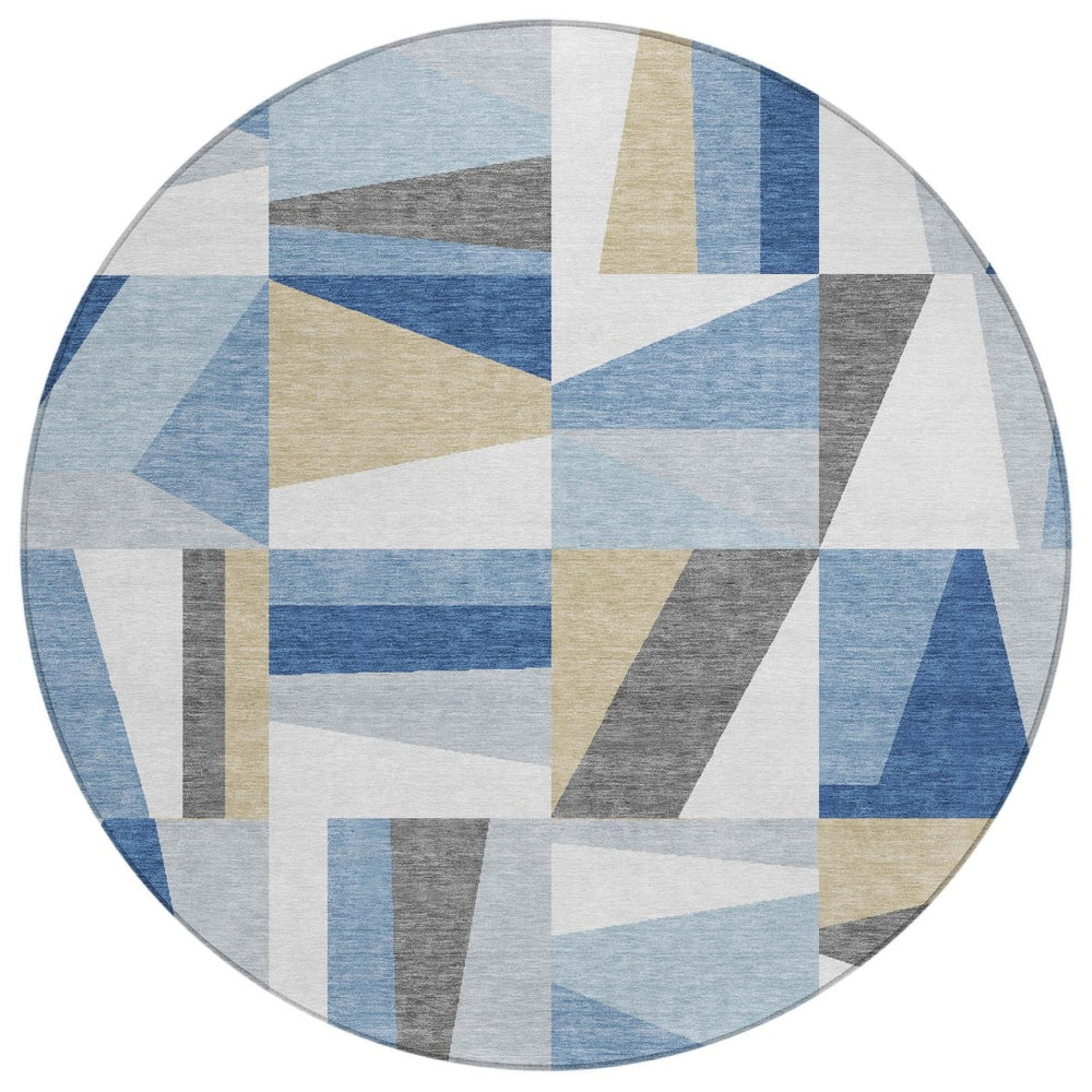 HomeRoots 8' Blue Geometric Round Area Rug – Washable, Stain-Resistant, Indoor/Outdoor, Modern Design, Durable 659522