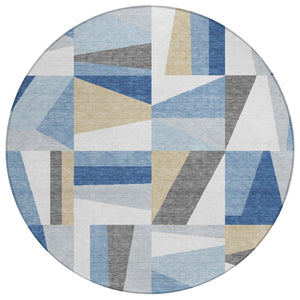 HomeRoots 8' Blue Geometric Round Area Rug – Washable, Stain-Resistant, Indoor/Outdoor, Modern Design, Durable 659522