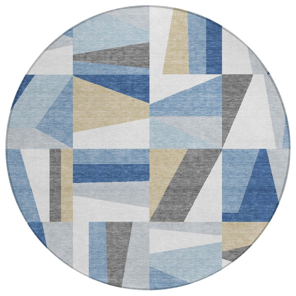 HomeRoots 8' Blue Geometric Round Area Rug – Washable, Stain-Resistant, Indoor/Outdoor, Modern Design, Durable 659522