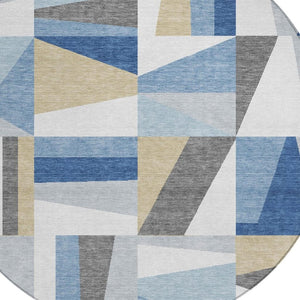 HomeRoots 8' Blue Geometric Round Area Rug – Washable, Stain-Resistant, Indoor/Outdoor, Modern Design, Durable 659522