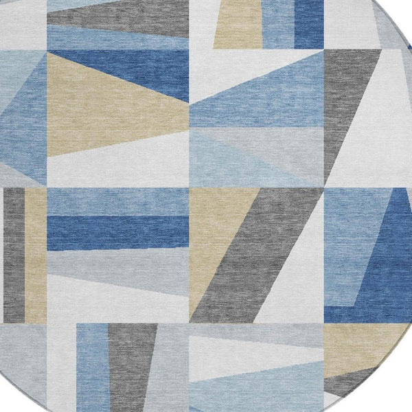 HomeRoots 8' Blue Geometric Round Area Rug – Washable, Stain-Resistant, Indoor/Outdoor, Modern Design, Durable 659522