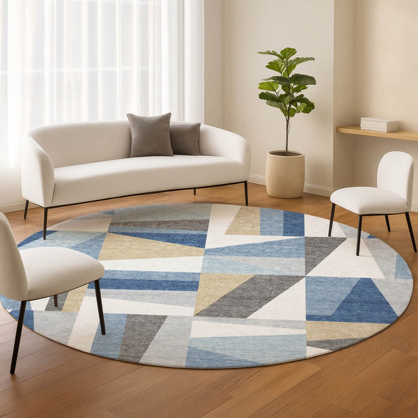 HomeRoots 8' Blue Geometric Round Area Rug – Washable, Stain-Resistant, Indoor/Outdoor, Modern Design, Durable 659522